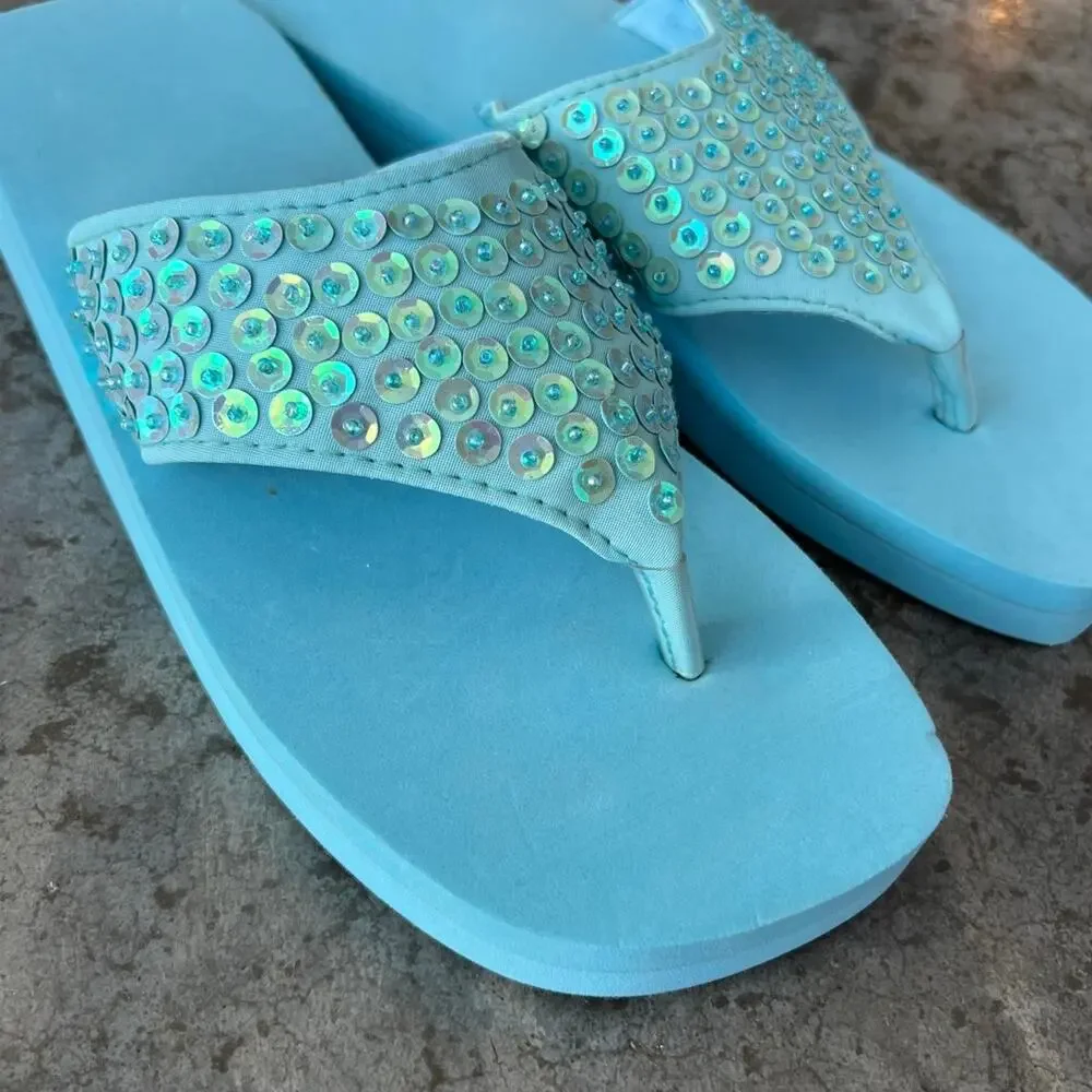Vintage Y2K Aqua Blue Sequin Platform Flip Flops Sandals Women's 6 Disco 2000s
